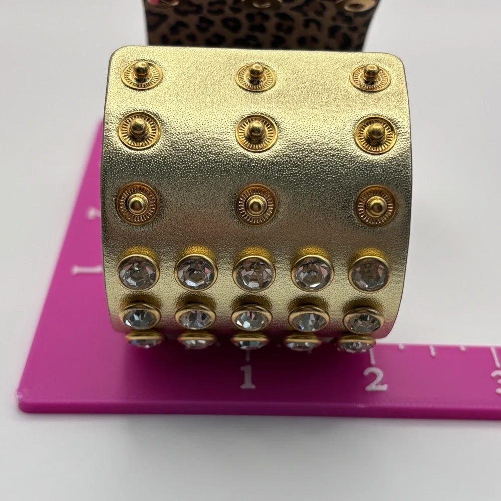 Betsey Johnson Leather Crystal Watch Wide Cuff Gold Tone - Needs Battery - Picture 14 of 15